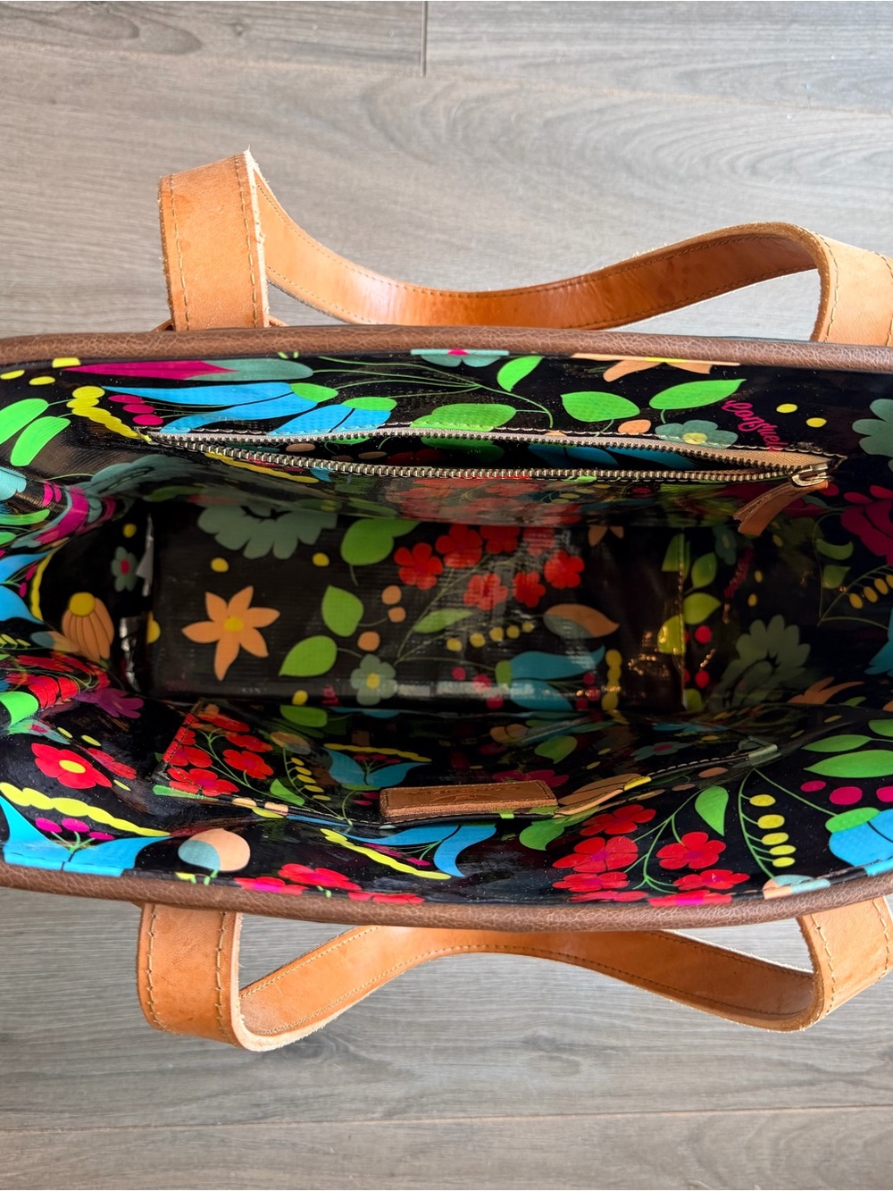 Consuela Black Floral Tote with Tan Leather Handles